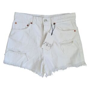 New! ZARA High Rise Distressed Cut Off Frayed Denim Short SZ 10 White Rigid Boho